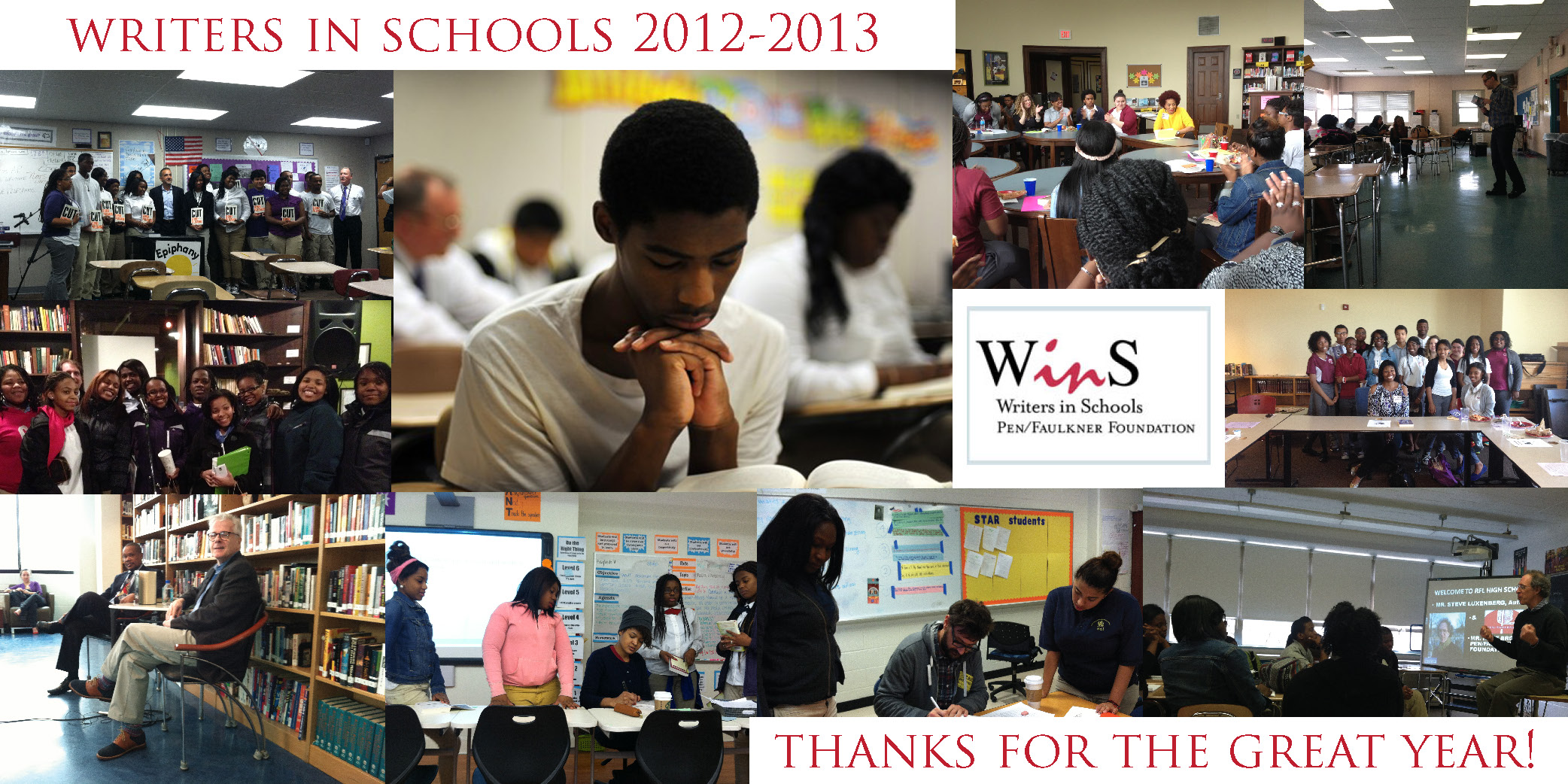 Composite image of various Writers in Schools visits in Washington, DC and Baltimore, MD during the 2012-2013 academic year.