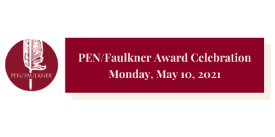 Still image of a Giphy sticker with a PEN/Faulkner logo next to a red rectangle that has a tan shadow. Text inside reads: PEN/Faulkner Award Celebration, Monday, May 10, 2021
