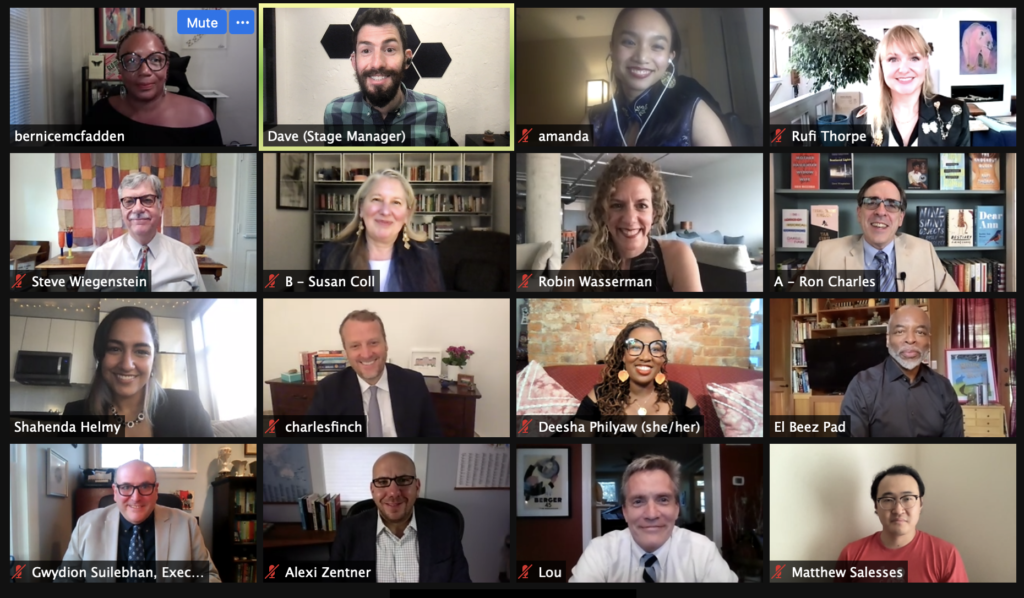 Screenshot of sixteen people from behind-the-scenes of the 2021 PEN/Faulkner Award Celebration, including Bernice L. McFadden, Rufi Thorpe, Steve Wiegenstein, Susan Coll, Robin Wasserman, Ron Charles, Charles Finch, Deesha Philyaw, LeVar Burton, Gwydion Suilebhan, Alexi Zentner, Lou Bayard, and Matthew Salesses