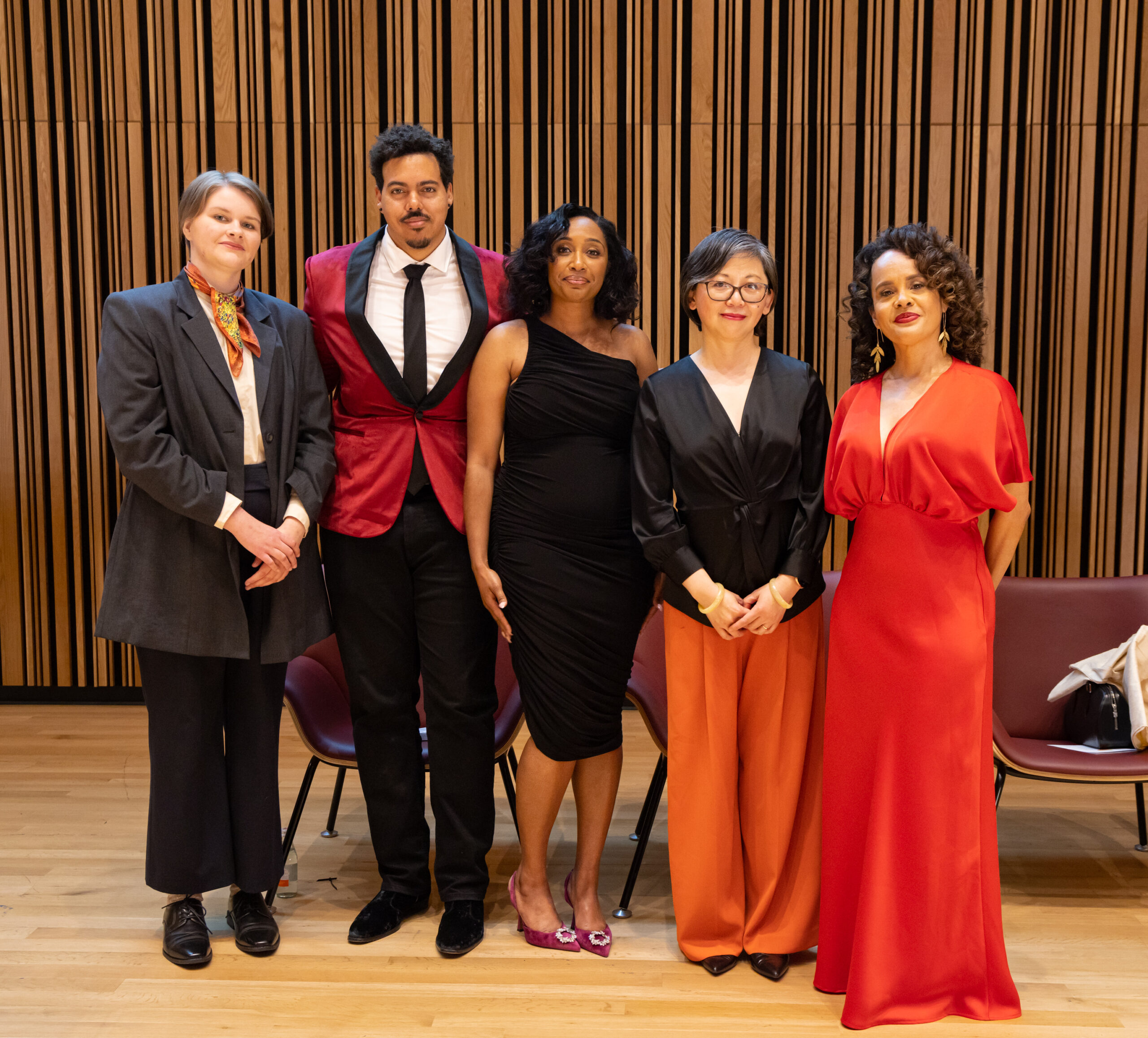 From left to right: Kathryn Harlan, Jonathan Escoffery, Dionne Irving, Yiyun Li, and Laura Warrell.