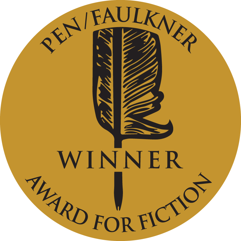 PEN/Faulkner's logo is a dark red circle with a white illustrated feather through the center