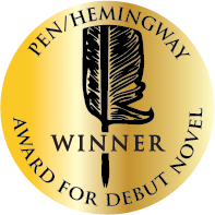 PEN/Faulkner's logo is a dark red circle with a white illustrated feather through the center