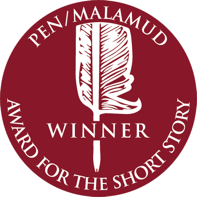 PEN/Faulkner's logo is a dark red circle with a white illustrated feather through the center
