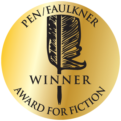 PEN/Faulkner's logo is a dark red circle with a white illustrated feather through the center