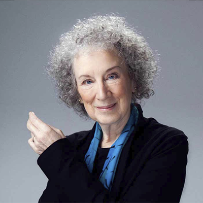 Headshot of author Margaret Atwood, a White woman with a black top